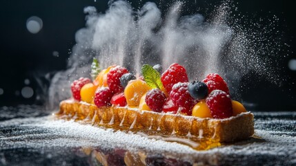 Aufkleber - A close-up of honey toast topped with a colorful assortment of berries and a dusting of powdered sugar, creating a vibrant and inviting dessert.