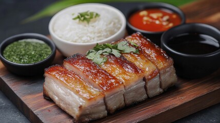 Poster - A cozy arrangement of crispy pork belly served with a side of sticky rice and dipping sauces, highlighting a delicious and satisfying Thai meal experience.