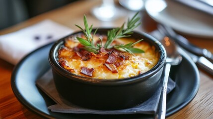 Poster - A cozy arrangement of hot cheese corn served with a side of crispy bacon bits and fresh herbs, emphasizing a delicious and satisfying dining experience.