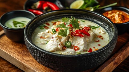 Poster - A cozy arrangement of Khao Mok Gai alongside a bowl of clear chicken soup and dipping sauces, highlighting a delicious and satisfying Thai meal experience.
