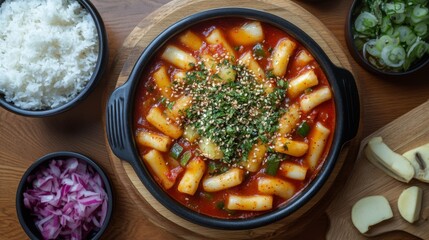 Poster - A cozy arrangement of tteokbokki served with a side of pickled vegetables and rice, emphasizing a delicious and satisfying dining experience full of Korean flavors.