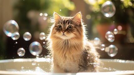 Poster - A fluffy cat standing in a shallow tub, surrounded by bubbles, with a look of surprise as it shakes off water droplets, capturing the playful moment.