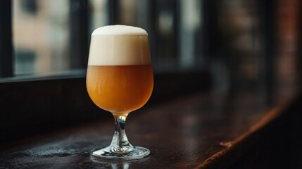 Poster - A frosty beer glass with light amber beer and a thick, creamy foam head, placed on a dark wooden surface with condensation highlighting the coldness.