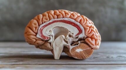 Poster - A high-resolution image of a human brain dissected to reveal its internal structures, including the cortex and cerebellum, displayed on a wooden table for a scientific feel.