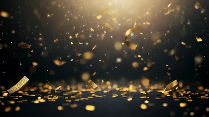 Poster - Gold confetti falling in a loop on a black background with glittering festive particles