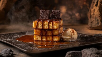 Poster - A mouthwatering display of honey toast with rich chocolate drizzle, served with a side of ice cream, showcasing a delectable dessert perfect for sharing.
