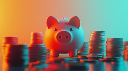 Leinwandbilder - A piggy bank surrounded by stacks of coins, with a light-colored background, emphasizing the importance of saving for future needs and goals.