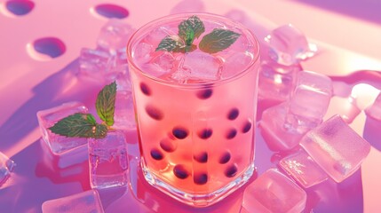 Aufkleber - A refreshing cup of iced milk tea with large boba pearls, surrounded by fresh mint leaves and ice, creating a vibrant and inviting scene.