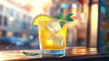 Poster - A refreshing glass of iced lemonade filled with bright yellow liquid and ice cubes, garnished with a lemon slice and mint leaves, sitting on a wooden table.