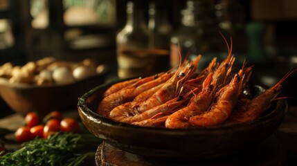 Poster - A rustic cooking setup with large shrimp marinating in spices and herbs, surrounded by fresh ingredients, ready for grilling in a cozy kitchen atmosphere.