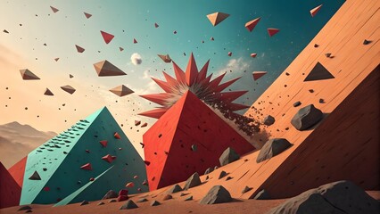 Aufkleber - Abstract landscape with colorful pyramids and floating geometric shapes under a bright sky view