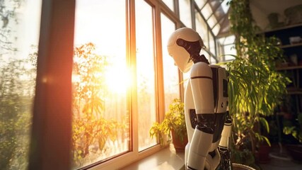 Poster - Retro-style robot standing in morning sunlight by window.