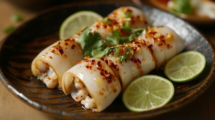 Poster - A vibrant presentation of Korean spicy squid served on a bamboo plate, garnished with slices of lime and fresh cilantro, creating an appetizing and inviting look.