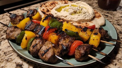 Poster - A vibrant serving of Mediterranean-style kebabs on a plate, with hummus and fresh pita bread, highlighting the combination of flavors and textures.