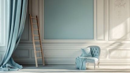 Poster - A view of a partially painted room, with one wall in a soothing color and a ladder leaning against another wall, ready for a fresh transformation.