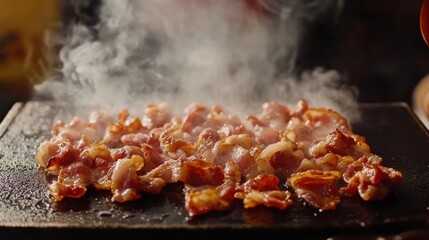 Poster - Bacon strips sizzling on a griddle, with smoke rising as the fat bubbles and the edges turn crisp and golden brown.