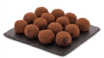 Poster - Chocolate truffles dusted with cocoa powder, arranged elegantly on a dark slate, rich texture and depth, perfect for a gourmet setting.