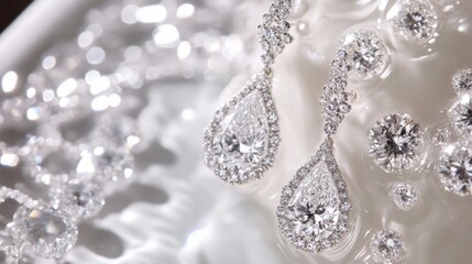Poster - Close-up of intricate diamond drop earrings resting on a white background, highlighting the sparkling gems and delicate craftsmanship.