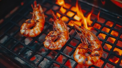 Poster - Close-up shot of large grilled prawns with crispy shells on a traditional Thai charcoal grill, glowing embers visible underneath.
