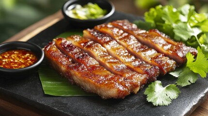 Poster - Crispy, caramelized pork belly fried with fish sauce, served on a sleek black plate, surrounded by fresh green herbs and a small dipping bowl of spicy sauce.