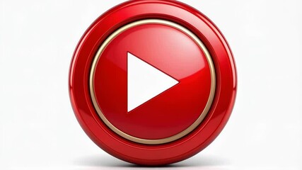 Poster - Shiny red play button with golden rim, media player interface on clean white background, start video icon