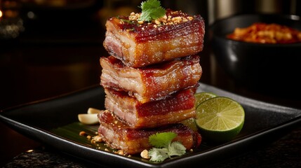 Aufkleber - Golden, crispy pork belly pieces fried to perfection, stacked on a traditional Thai plate, with fresh lime, coriander, and garlic as garnish.
