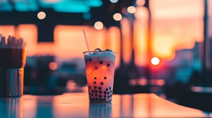 Poster - Iced milk tea with boba and ice served in a stylish cup, with a beautiful sunset backdrop, creating a warm and inviting scene.