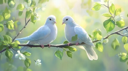 Poster - Pair of doves perched closely on a tree branch, surrounded by green leaves, capturing a serene and romantic atmosphere in nature.
