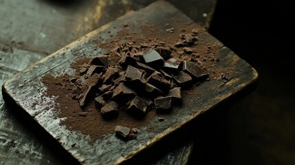 Poster - Rustic chocolate chunks and shavings scattered on a dark wooden board with cocoa powder, rich, textured, and artisanal.