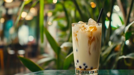 Poster - Tall glass of iced milk tea filled with boba and ice, with a background of blurred tropical plants, creating a fresh and exotic vibe.