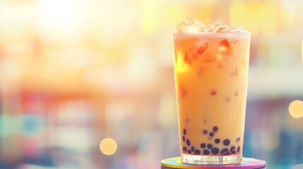 Poster - Tall glass of iced milk tea with visible boba pearls and ice, on a colorful coaster, with soft sunlight illuminating the drink.