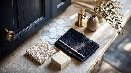 Poster - Elegant bathroom countertop decor featuring towels, soap, and minimalist accessories in natural light