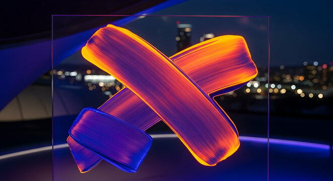 Illuminated Brushstrokes Against Urban Backdrop Captivating Modern Art Creation