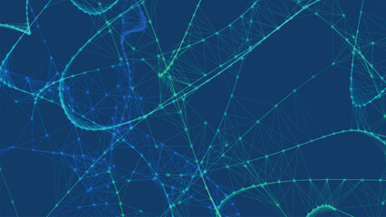 Poster - Bright, swirling light paths in shades of green and blue, creating a dynamic volumetric abstract background. Neural connections. Abstract biological cells. Vector illustration.