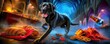 © Markzapakdee - Playful black dog chasing treats in a mystical bakery setting fantasy art dark environment dynamic viewpoint