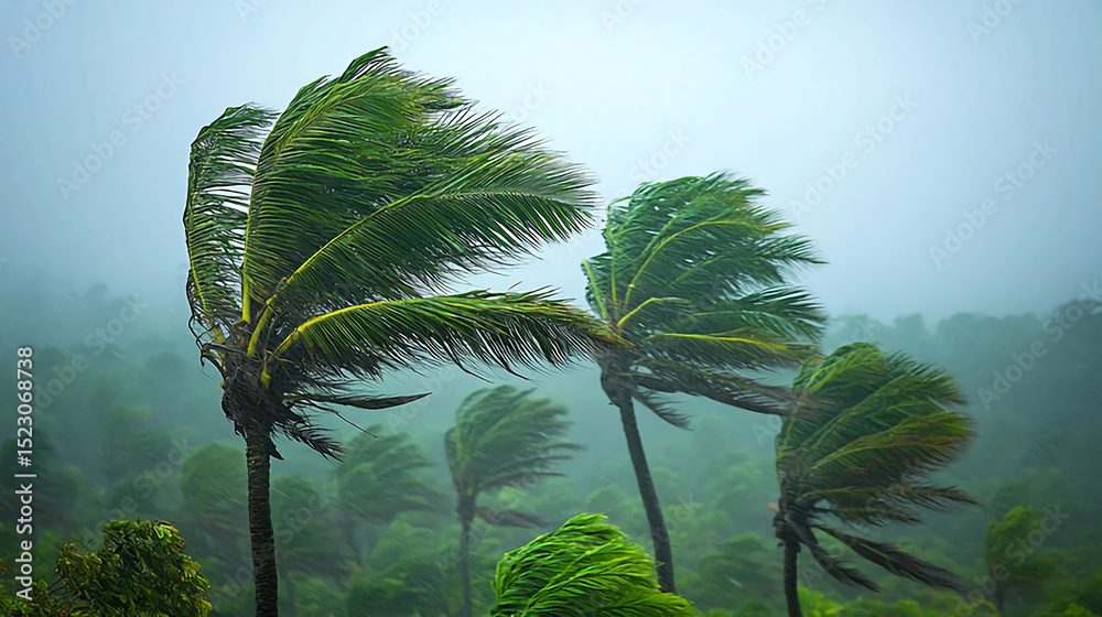 Palm trees in storm hurricane windy weather tropical island vacation ...