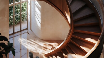 Poster - Modern spiral staircase design in a sunlit indoor setting with greenery visible through large windows