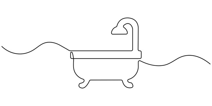 Continuous Line Drawing of Baby Bath Icon. Hand Drawn Symbol Vector Illustration, bathtub with shower continuous one line drawing, Continuous one line drawing of bathtub design. Simple bath in single 