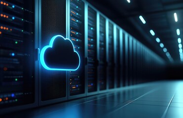 Aufkleber - Futuristic server room with illuminated cloud icon representing cloud computing and data storage, ideal for technology presentations, IT services promotions, and digital infrastructure themes