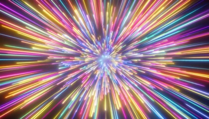 Aufkleber -  exploding multicolor neon light burst with radial motion blur for futuristic web background, digital print, poster, or branding design in sci-fi, cyberpunk, and high-energy visual projects