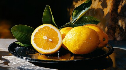 Poster - Fresh lemons on a black plate with green leaves glistening in morning light, showcasing their vibrant color and texture