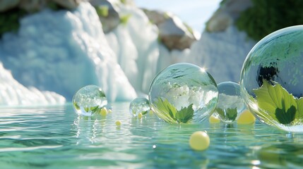 Poster - Stunning clear orbs floating on calm water near a serene glacier in a tranquil natural setting