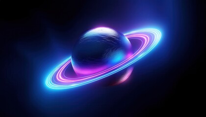 Poster -  glowing neon planet with vibrant pink and blue energy rings on dark space background for web design, branding, digital art, and futuristic print media