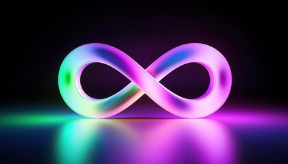 Poster - 3d glowing infinity symbol with vibrant neon gradient on dark background for web design, branding, digital art, tech visual, or futuristic concept illustration
