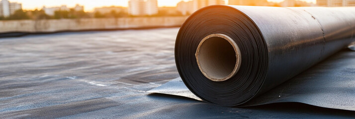 Poster - Black roll of material on rooftop against sunset backdrop Generative AI