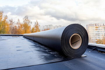 Poster - Roll of black material on rooftop with distant buildings Generative AI