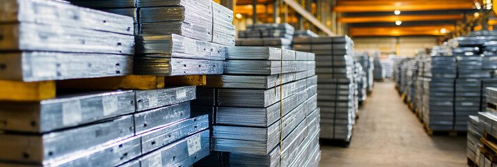 Poster - Stacks of metallic plates organized in a warehouse setting Generative AI