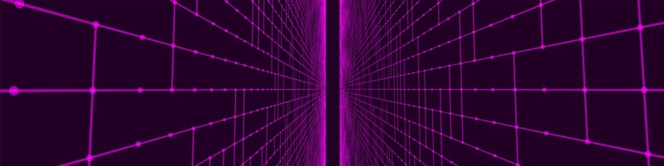 Poster - Futuristic colorful perspective grid. Abstract wireframe with blue grid on black background. Virtual landscape in digital style of 80s 90s. Simple perspective grid for design. 3D rendering