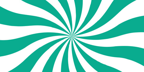 Poster - Abstract vibrant radial burst pattern consisting of alternating teal and white wavy rays. Spiraling motion effect, creating a hypnotic and energetic visual similar to a psychedelic or vintage pop-art 