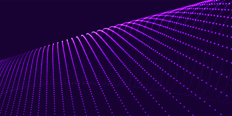 Fototapete - Futuristic dot wave. Abstract digital particle wave. Technology background. Colored musical wave. Dark background. Digital background with smooth, wavy curves. 3D illustration